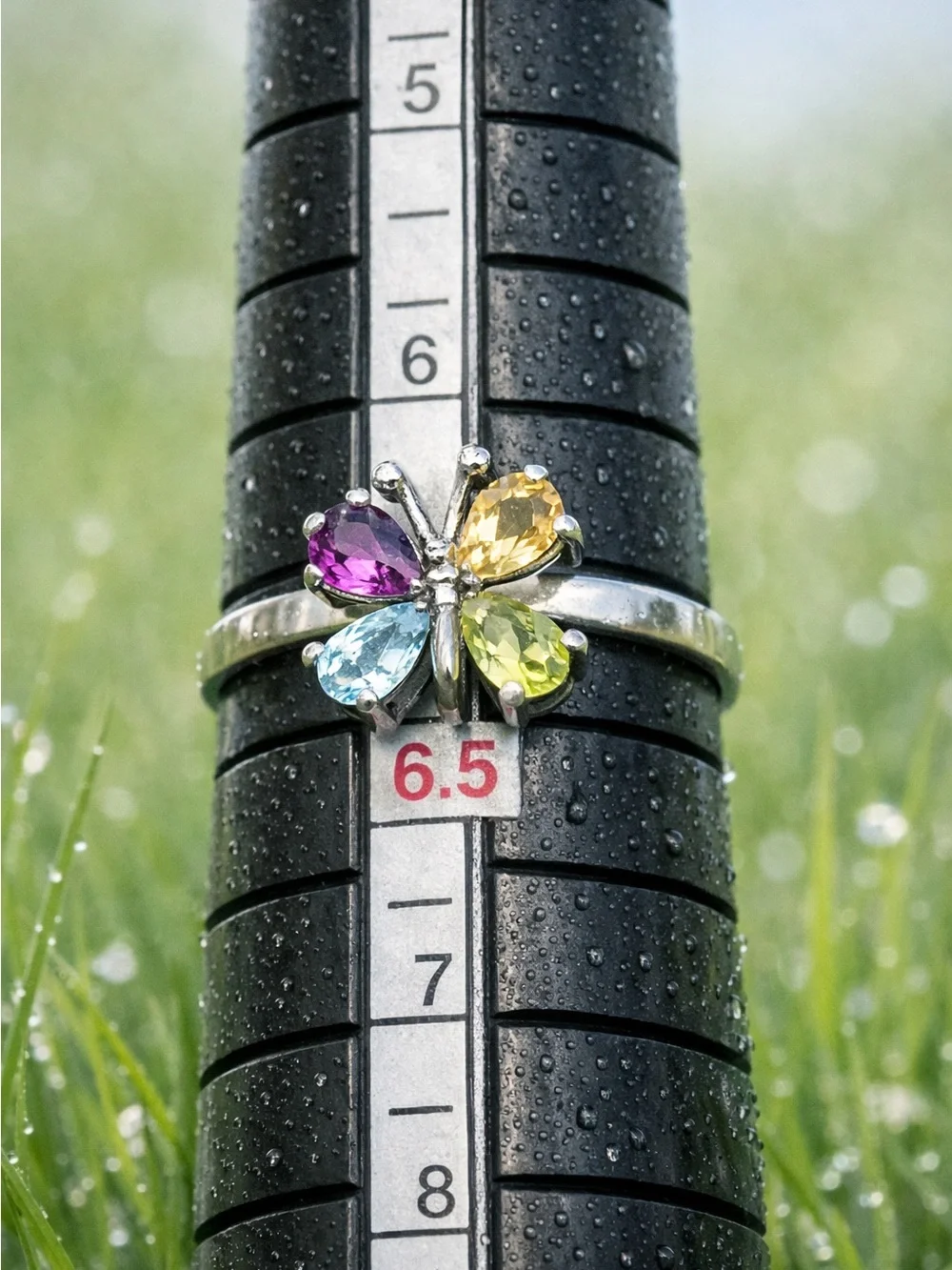 Sterling Butterfly Ring with Semi‑Precious Gemstones — Size 6.5